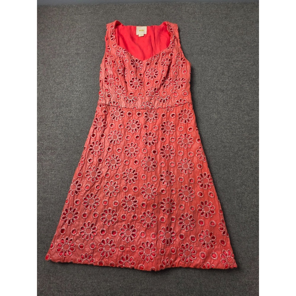 Maeve Anthropologie Floral Eyelet Midi Dress Women 2 Coral Red V-Neck Sleeveless